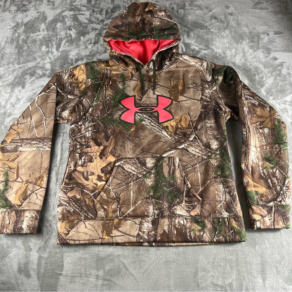 Under Amour Women's Sz XL Woodland Camo Hoodie Pink Accent Kangaroo Pocket